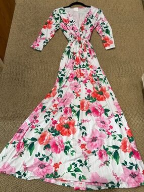 New Lia polyester Maxi Dress Floral 3 /4 Sleeve Belted V Neck Stretch Long Dress